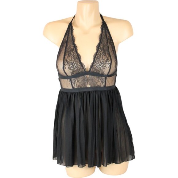Victoria's Secret Negligee Black Lace Halter Pleated Skirt Small Short N124 - Picture 2 of 10